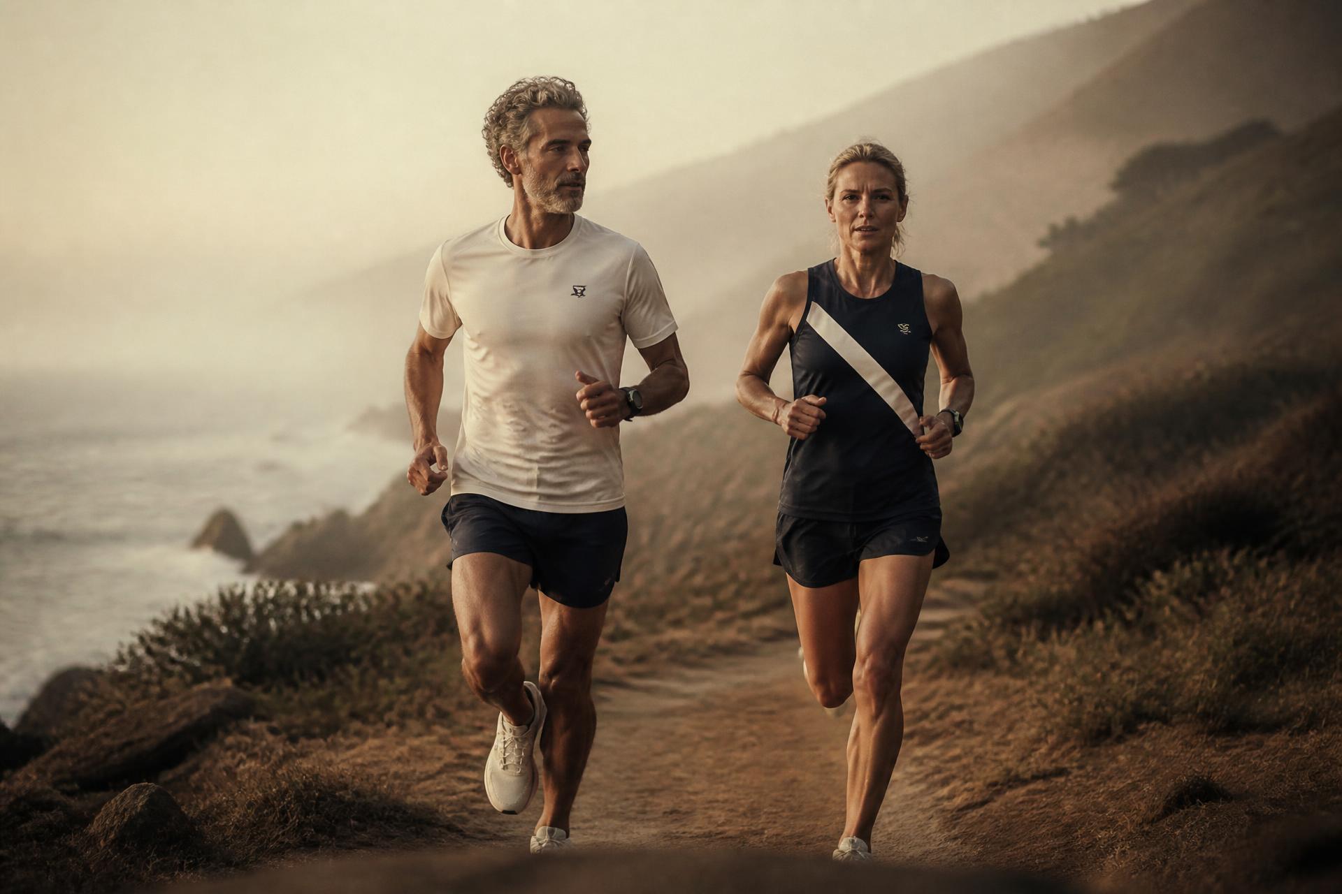 Two mature runners on a coastal trail at sunrise